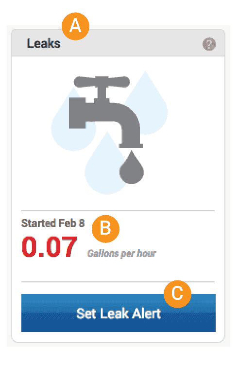 EyeOnWater leak monitoring screen showing a detected leak rate of 0.07 gallons per hour, leak start date, and a button to set custom leak alerts.