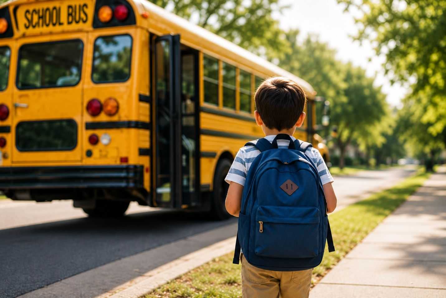 Child with a blue backpack stands on a sidewalk near the open door of a yellow school bus parked along a tree-lined residential street.